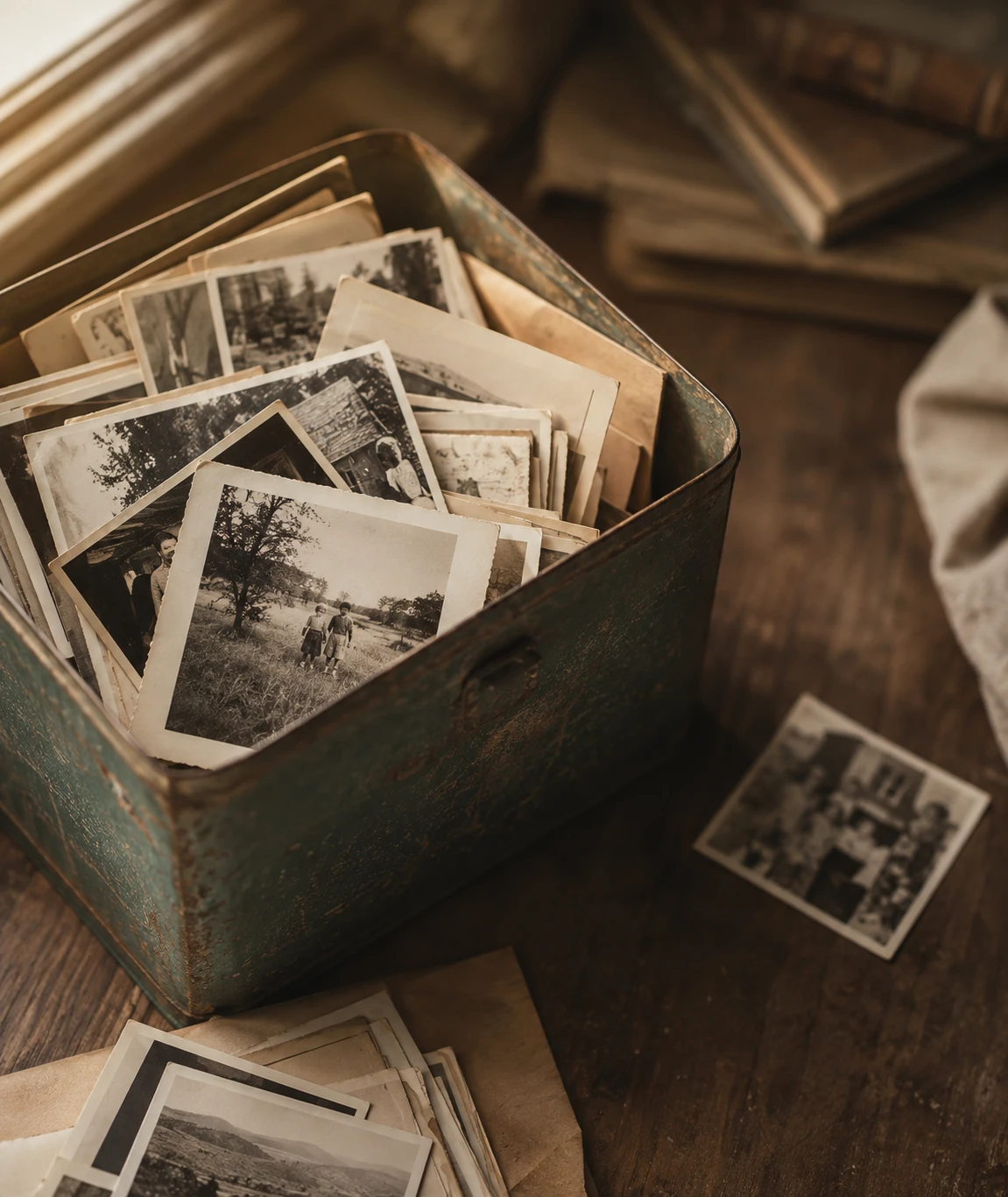 Old black-and-white family photographs spilling out of a battered tin box on a wooden table